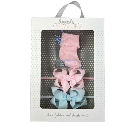 Pink socks w. pink & blue headband gift box