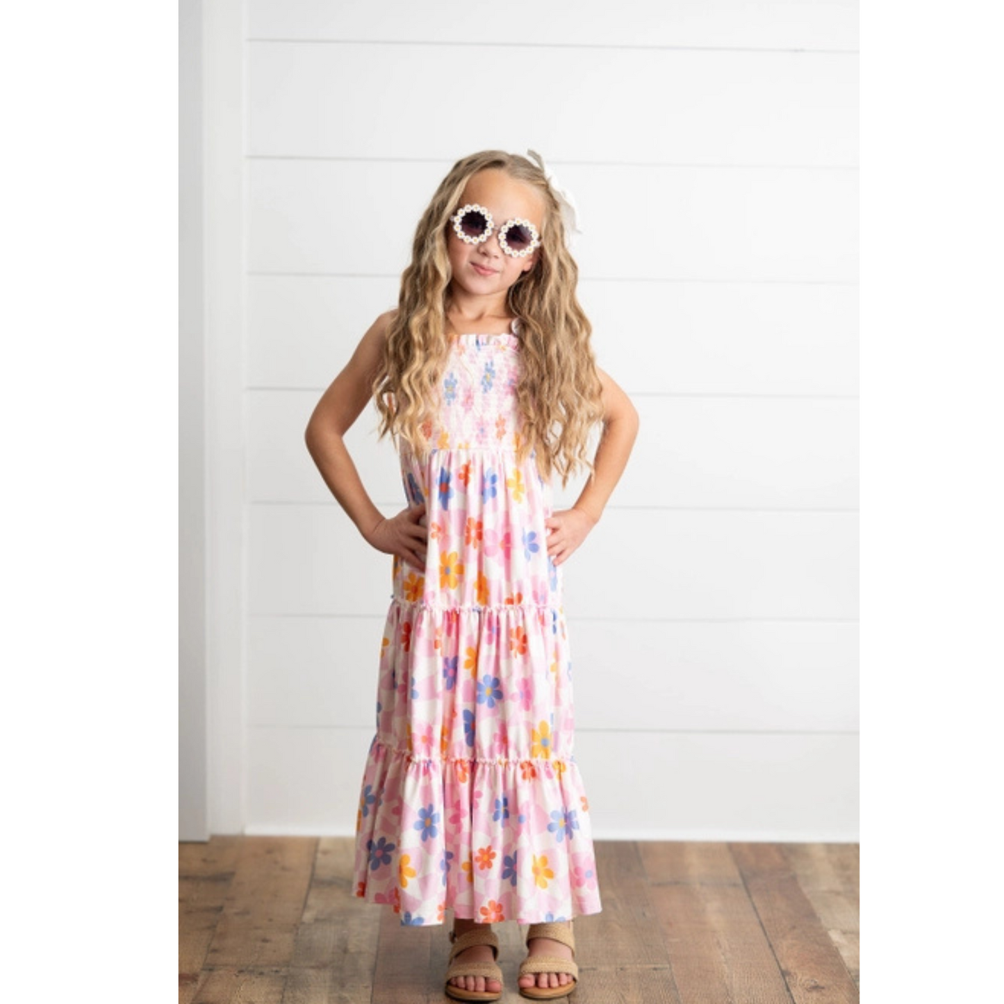 Pink retro daisy tiered maxi dress