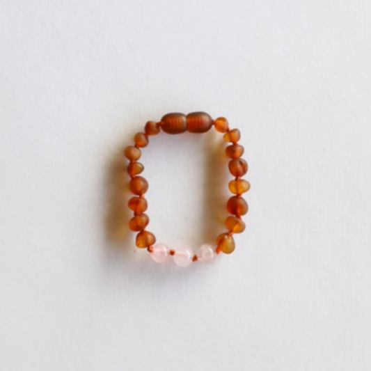 Raw Cognac Baltic Amber + Rose Quartz 5" Baby Anklet or Bracelet