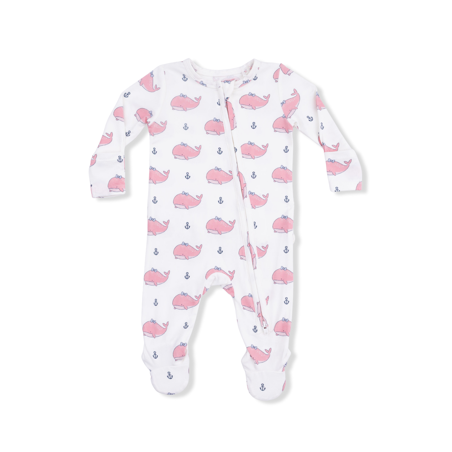 Bubble whale w. pink bows 2 way zipper ruffle footie