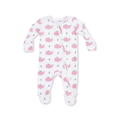 Bubble whale w. pink bows 2 way zipper ruffle footie