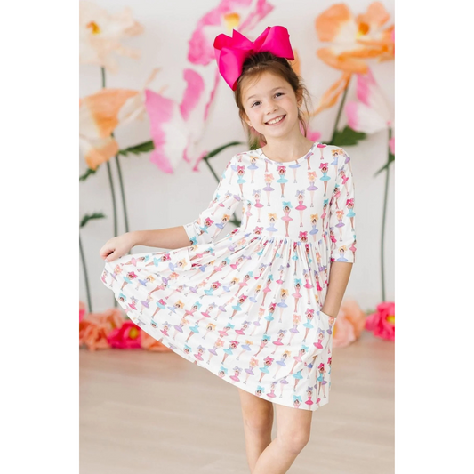 Ballerina bows 3/4 sleeve pocket twirl dress