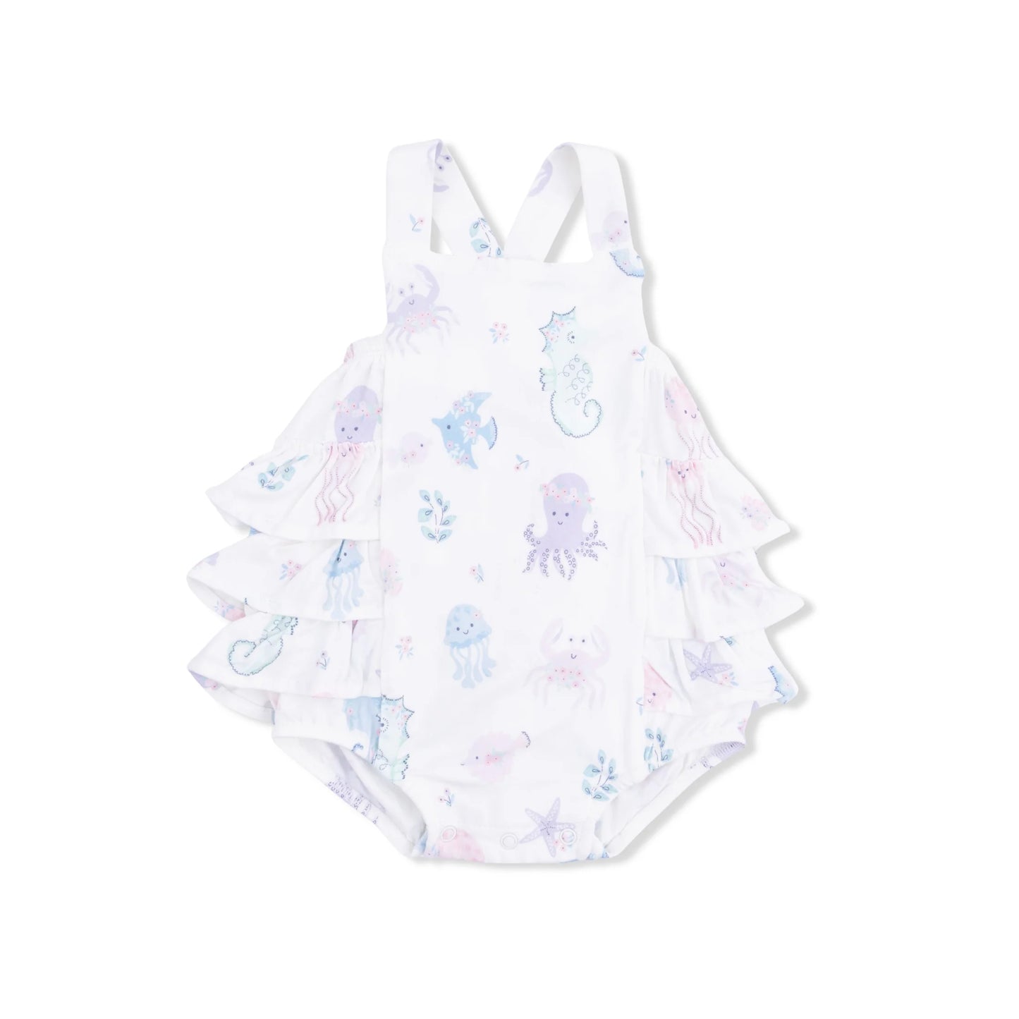 Floral sea creatures ruffle sunsuit
