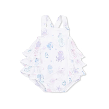 Floral sea creatures ruffle sunsuit