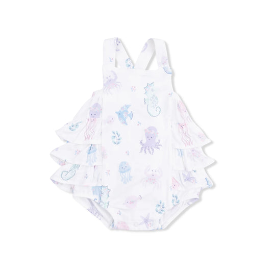 Floral sea creatures ruffle sunsuit