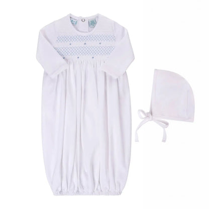Smocked buillion gown w. hat - blue