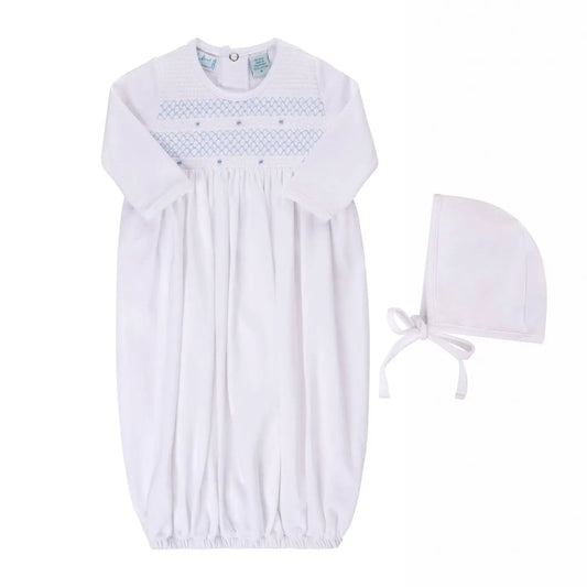 Smocked buillion gown w. hat - blue