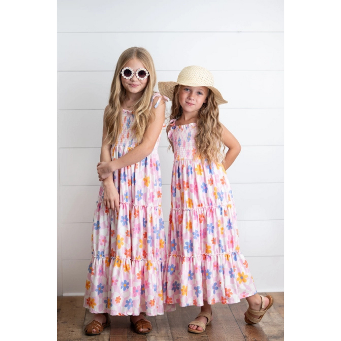 Pink retro daisy tiered maxi dress