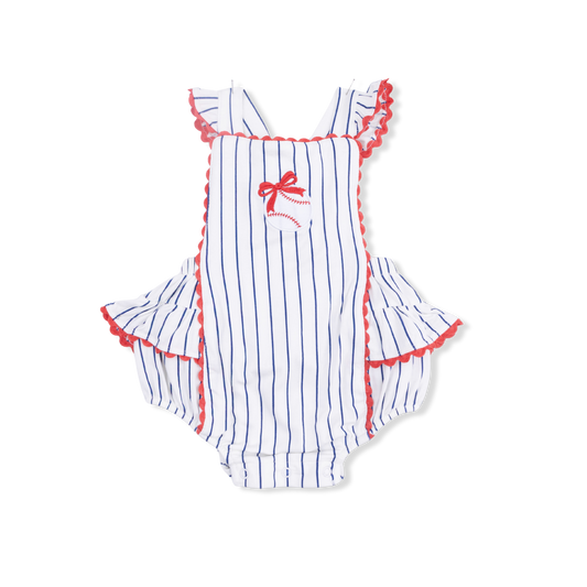 Baseball stripe ric rac ruffle sunsuit