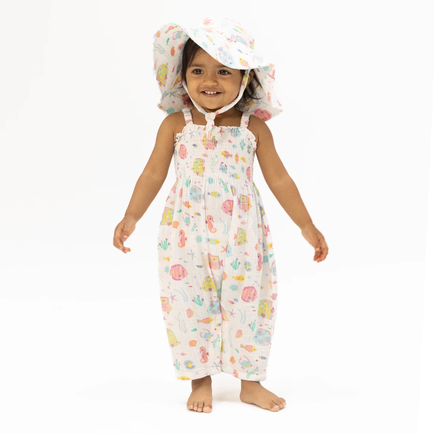 Sunny coral reef fish smocked romper