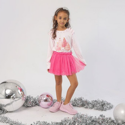 Pink Christmas l/s ruffle tee - blush pink