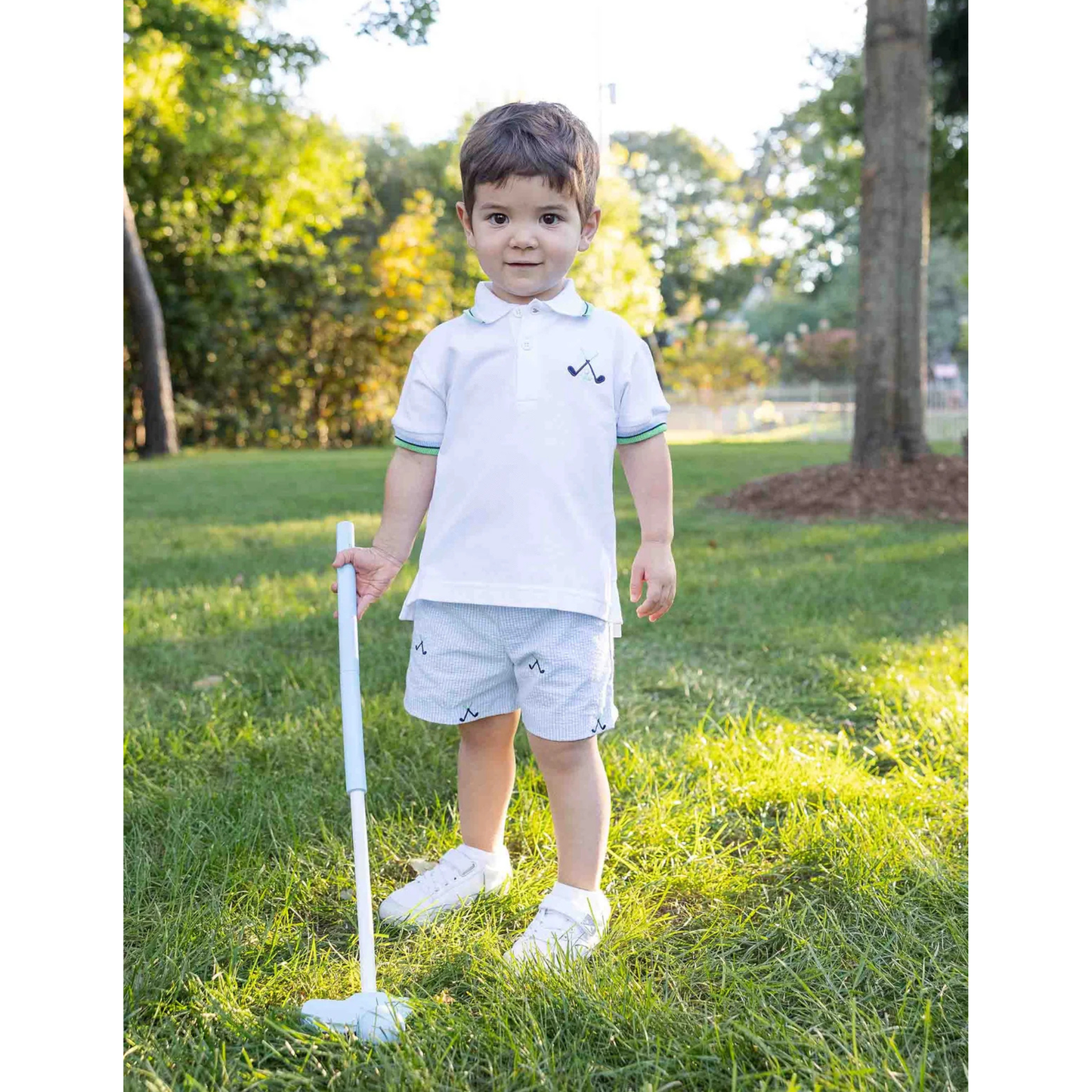 Golf clubs check seersucker shorts