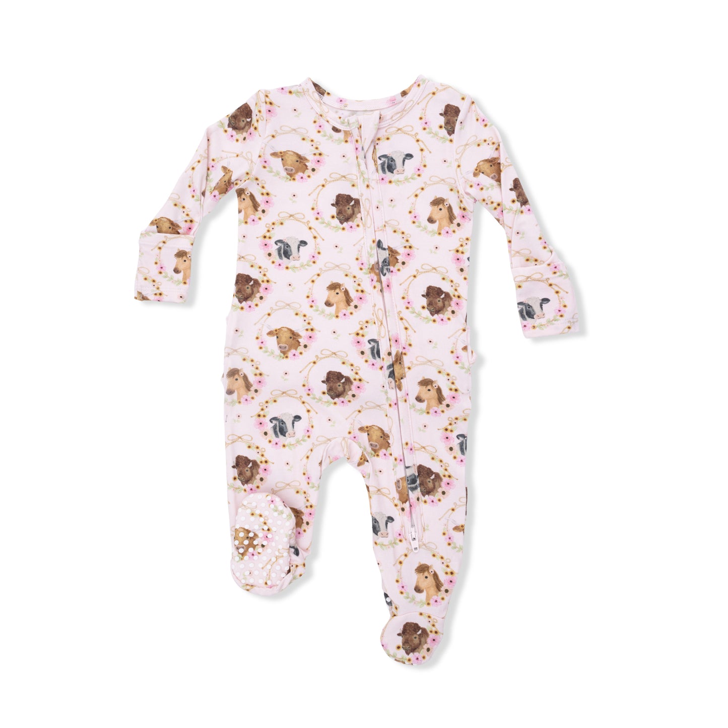 Farm animals floral cameos 2 way zipper ruffle footie