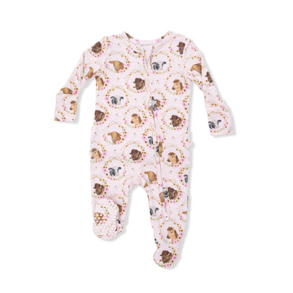 Farm animals floral cameos 2 way zipper ruffle footie