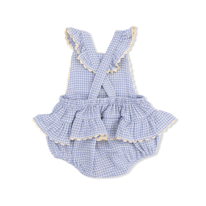 Micro gingham blue blizzard ric rac ruffle sunsuit