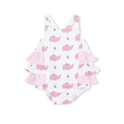 Bubbly whale w. pink bows ruffle sunsuit