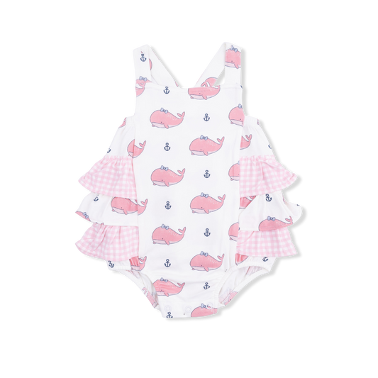 Bubbly whale w. pink bows ruffle sunsuit