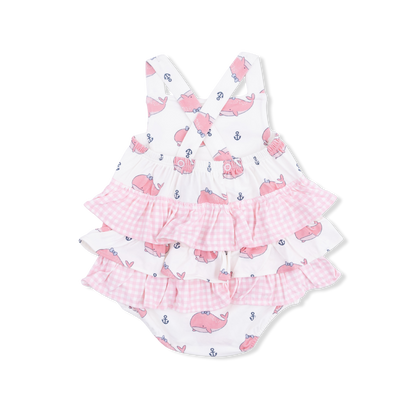Bubbly whale w. pink bows ruffle sunsuit