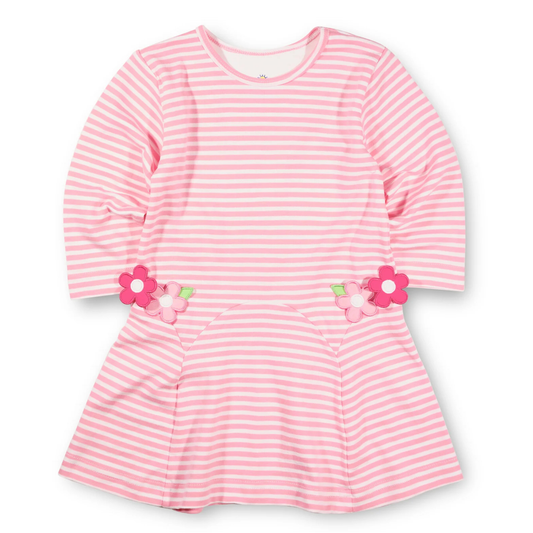 Pink stripe l/s knit dress w. flowers