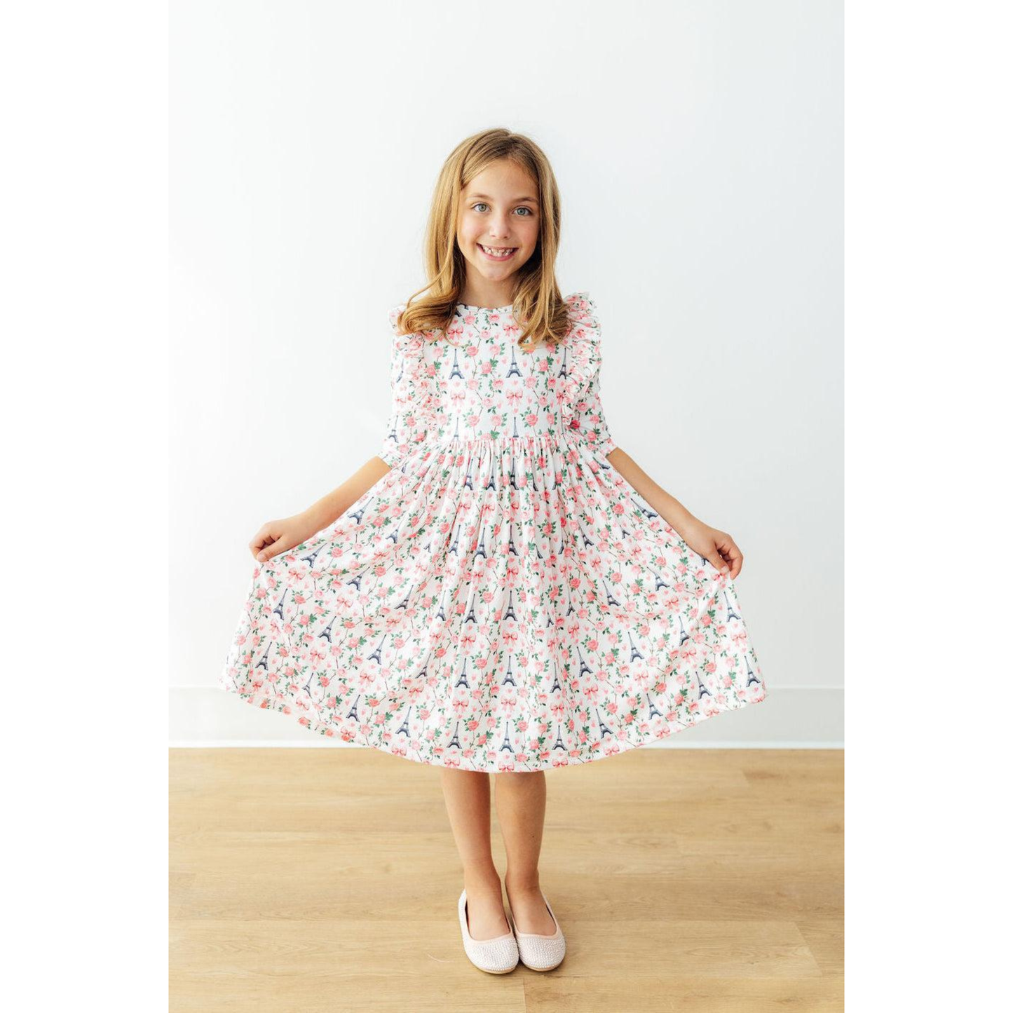 Mila in Paris 3/4 sleeve ruffle twirl dress