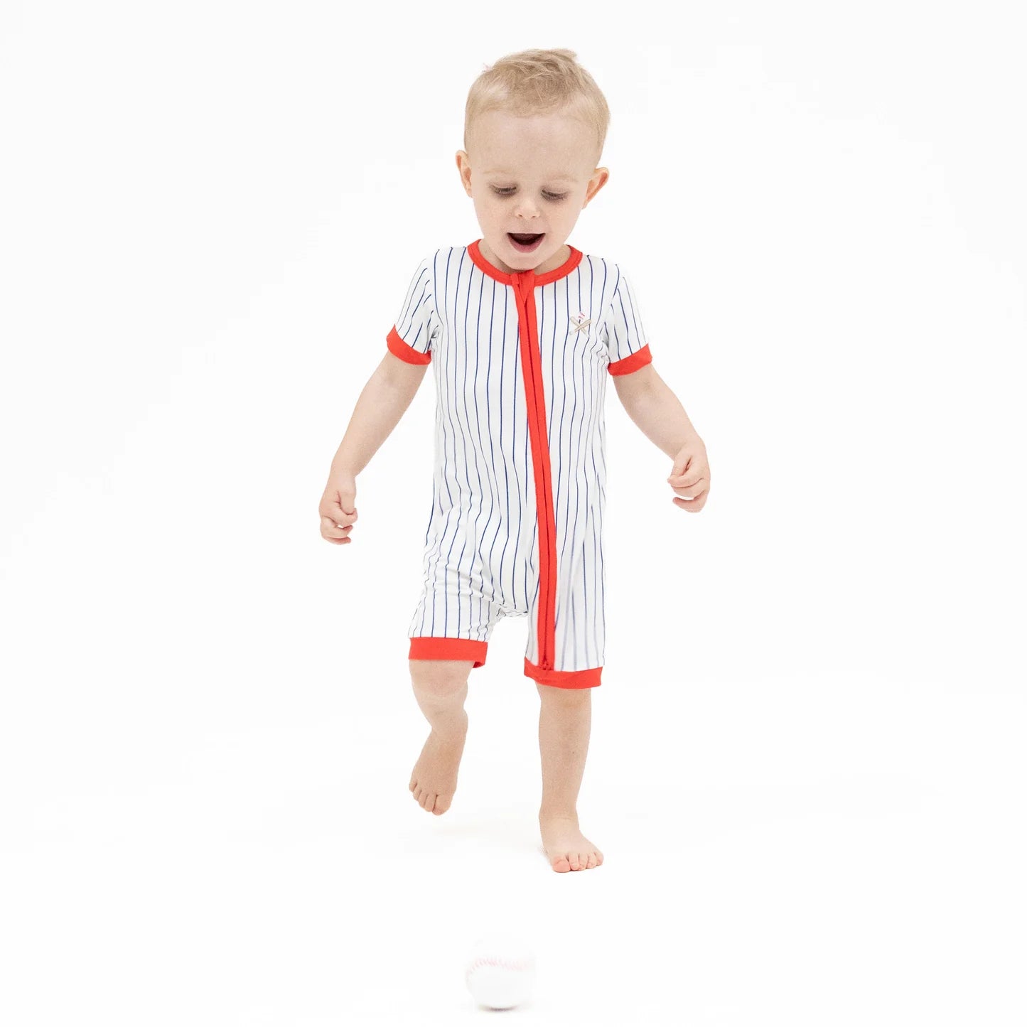 Baseball stripe shortie 2 way zipper romper