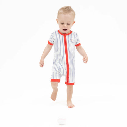 Baseball stripe shortie 2 way zipper romper