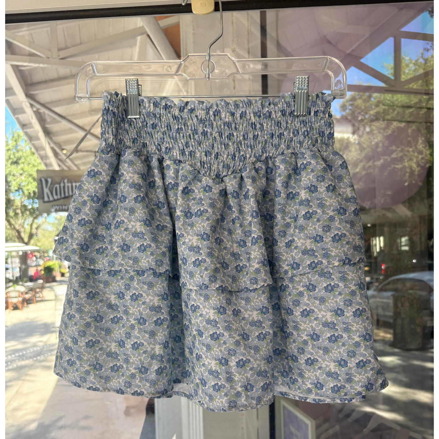 Blue floral smocked skirt