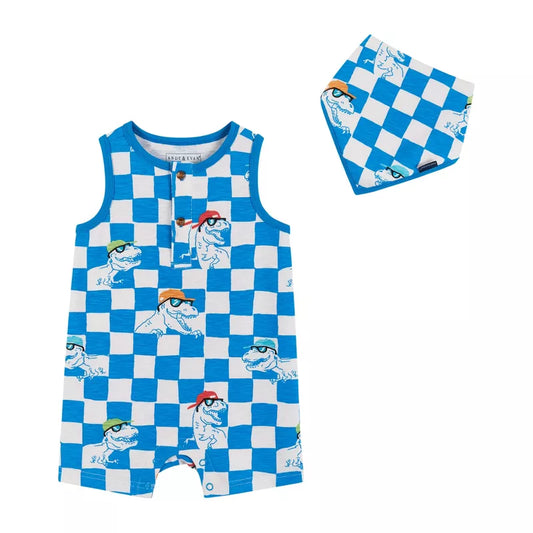 Blue check dino knit tank romper & bib