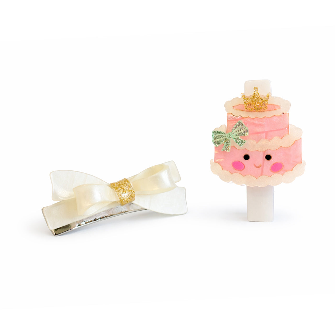 Party cake & satin white bow hair clips