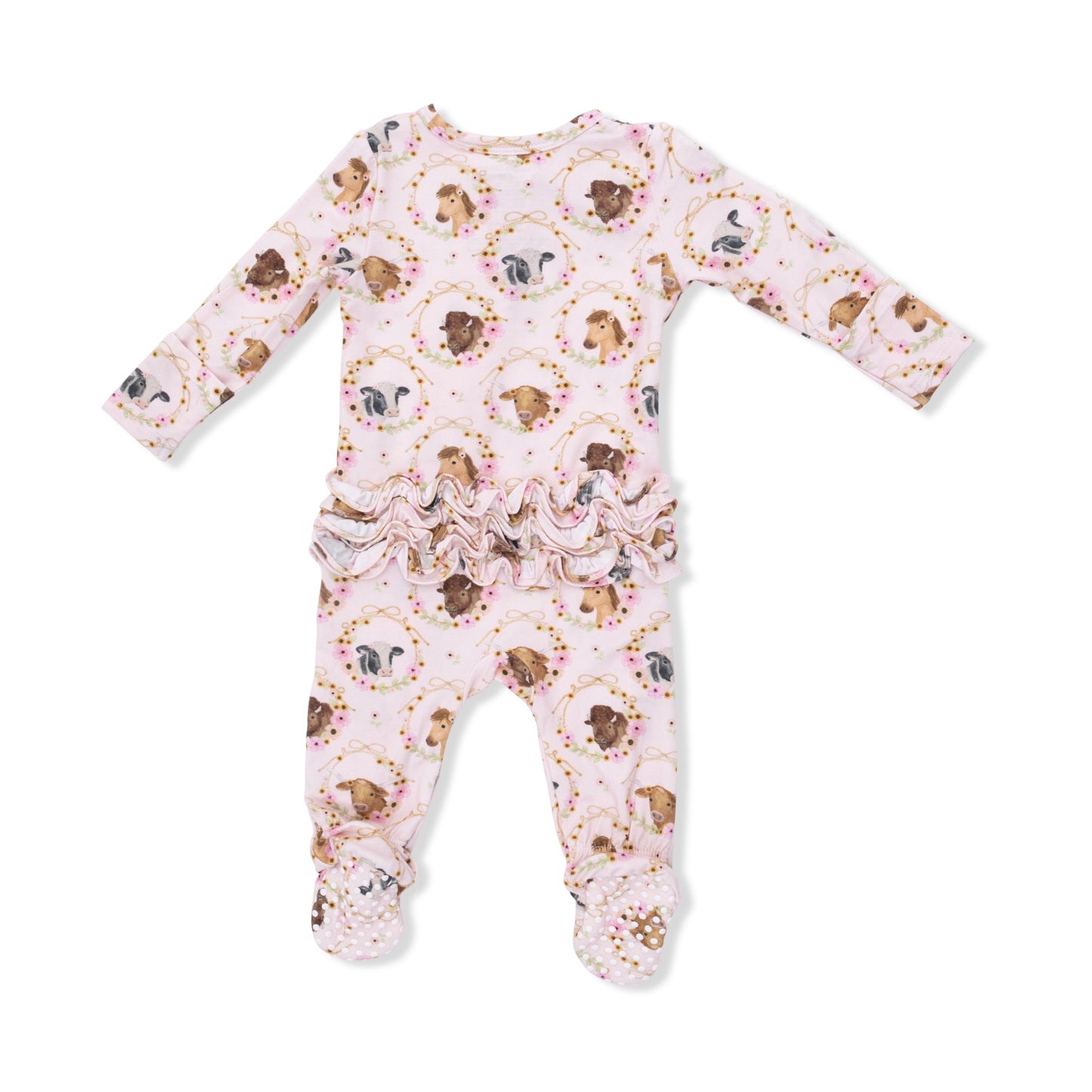 Farm animals floral cameos 2 way zipper ruffle footie