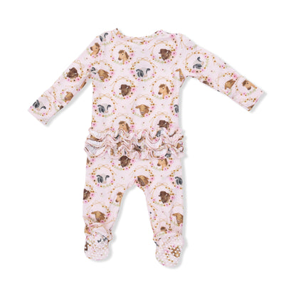 Farm animals floral cameos 2 way zipper ruffle footie