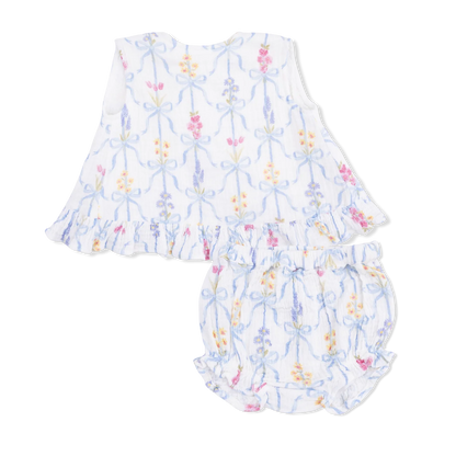 Ribbon bouquets ruffle back top & bloomers