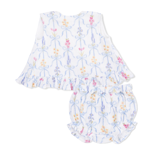 Ribbon bouquets ruffle back top & bloomers