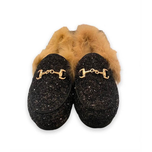 Black glitter fur loafers