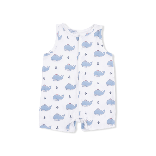 Bubbly sailor whales blue sleeveless shortie romper