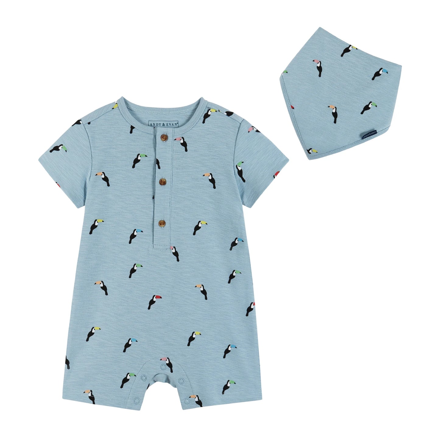 Blue toucan knit s/s romper & bib