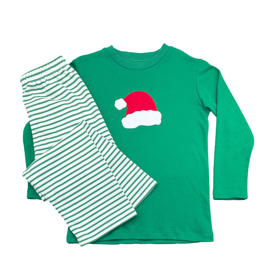 Santa hat applique pant set - green stripe