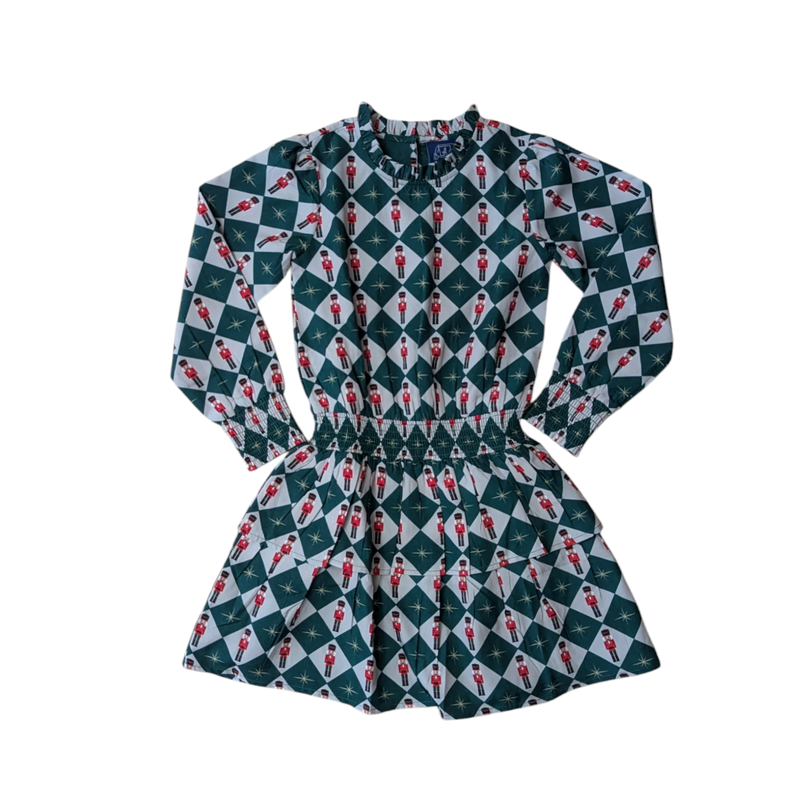 Nutcracker smocked waist l/s dress - green checks