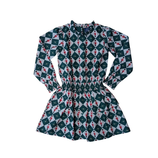 Nutcracker smocked waist l/s dress - green checks
