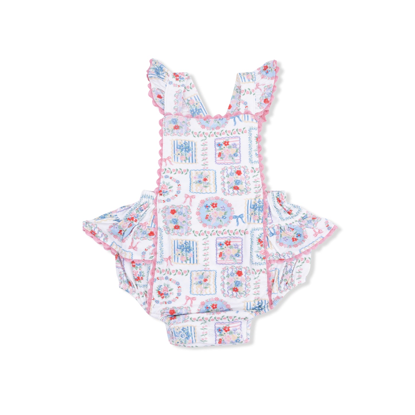 Julep's floral patchwork ric rac ruffle sunsuit