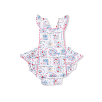 Julep's floral patchwork ric rac ruffle sunsuit
