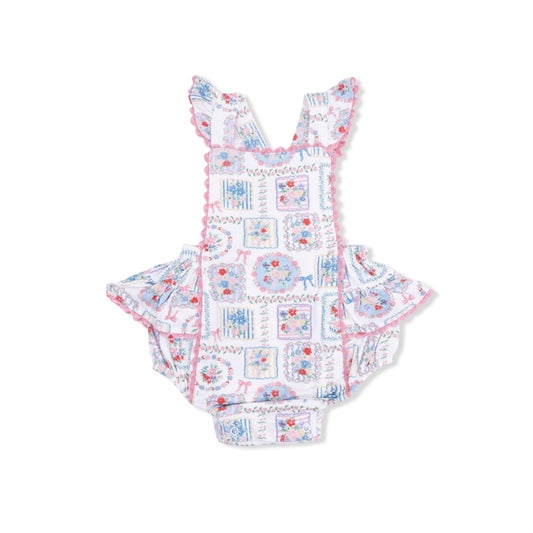 Julep's floral patchwork ric rac ruffle sunsuit