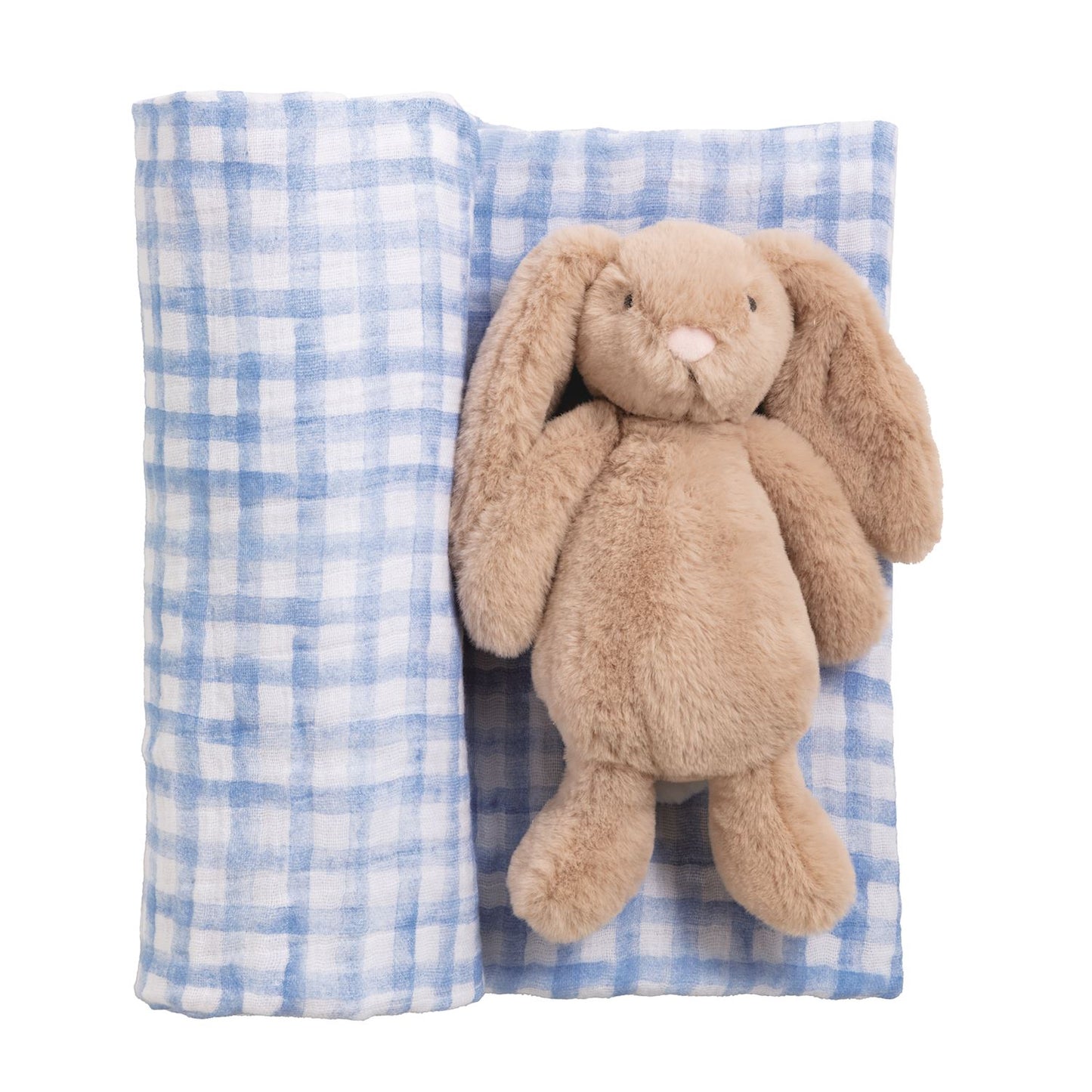 Blue check bunny swaddle & rattle