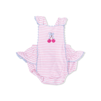 Cherry stripe ric rac ruffle sunsuit