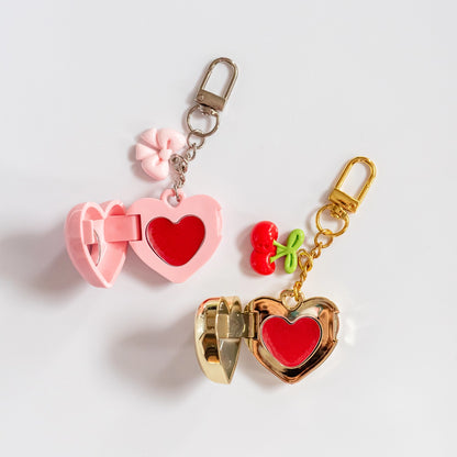 Cherry & bow lip balm heart keychain - pink bow