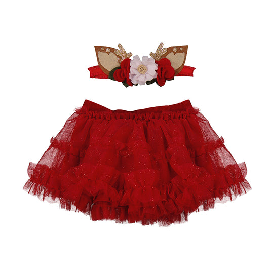 Red tutu skirt w. reindeer headband