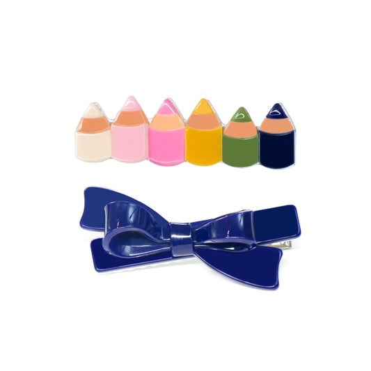 Pencils colorful navy bow hair clips