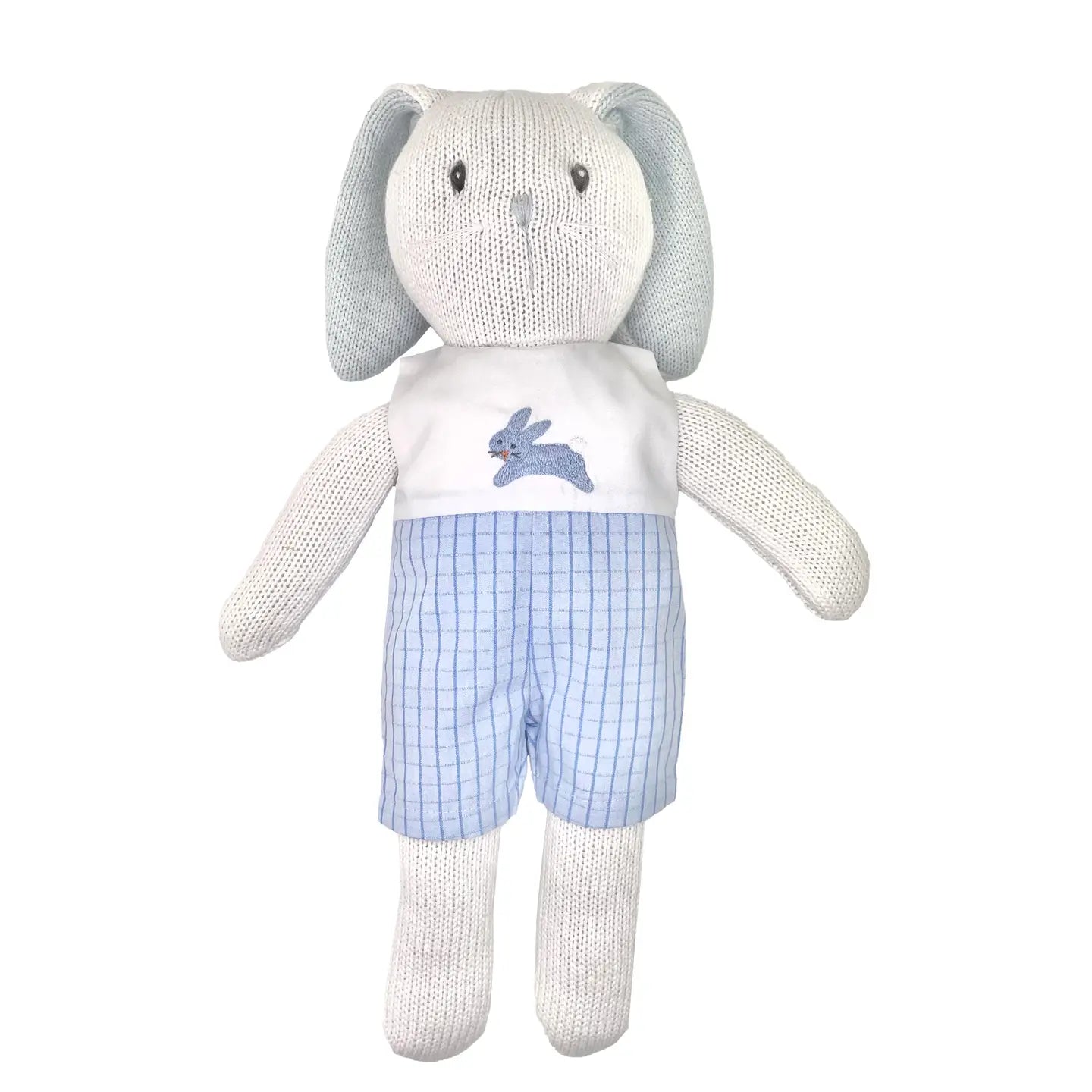 Knit bunny doll w. embroidered blue romper