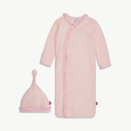 Pin dot ruffle gown & hat set - pink