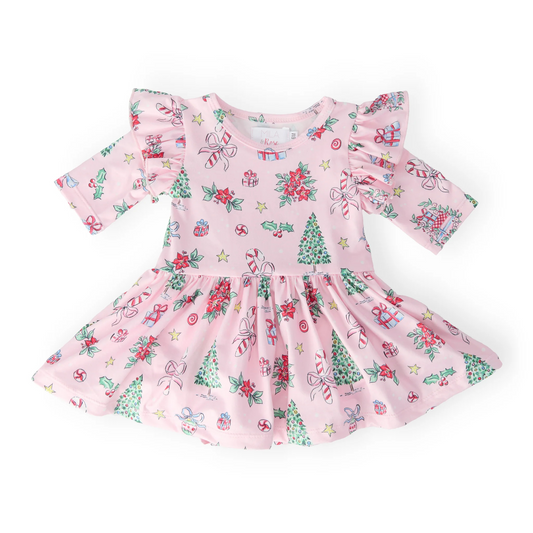 Pink Christmas 3/4 sleeve twirl flutter bodysuit